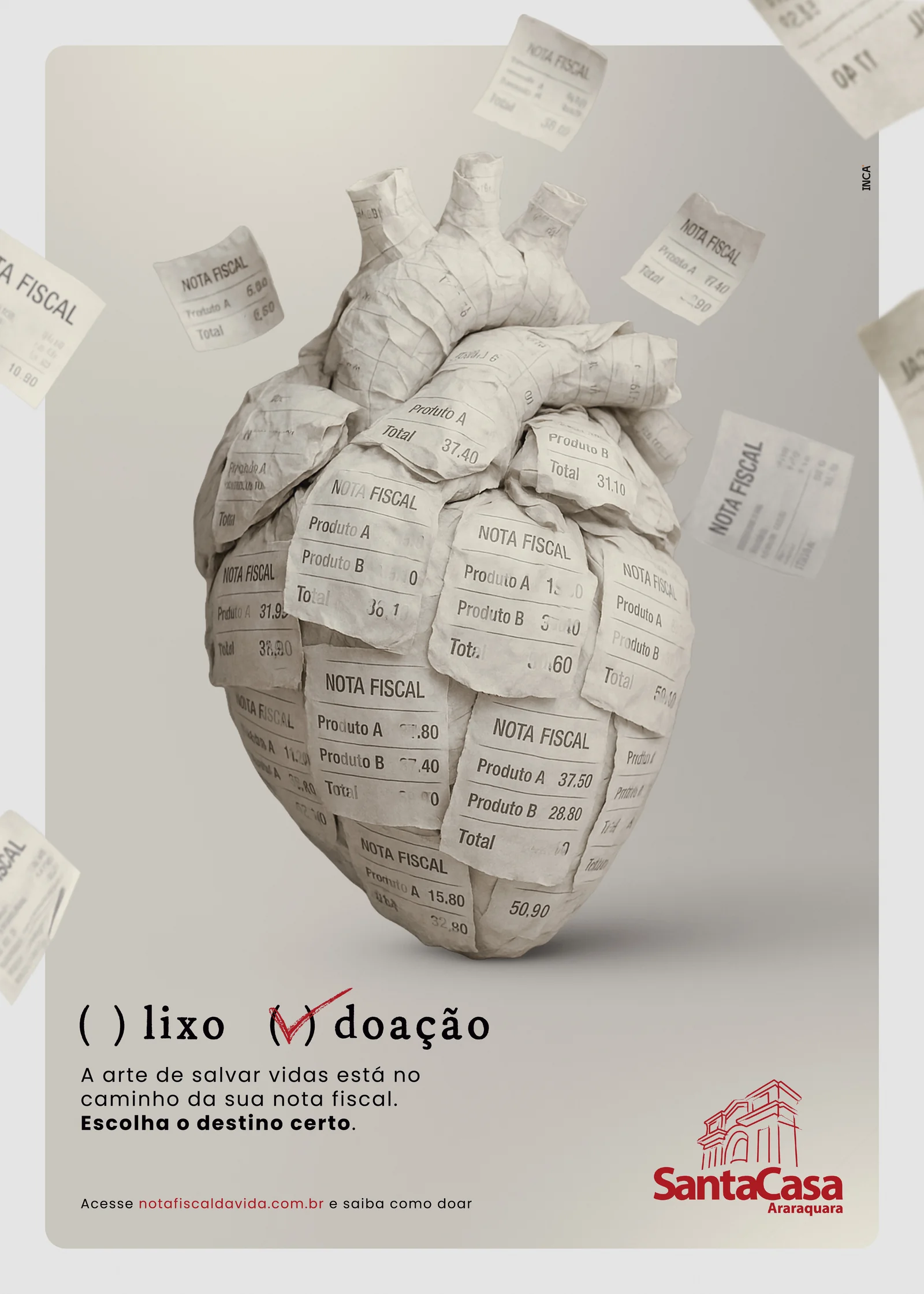 Cartaz com coração esculpido em notas fiscais e tagline '( ) lixo (✓) doação'